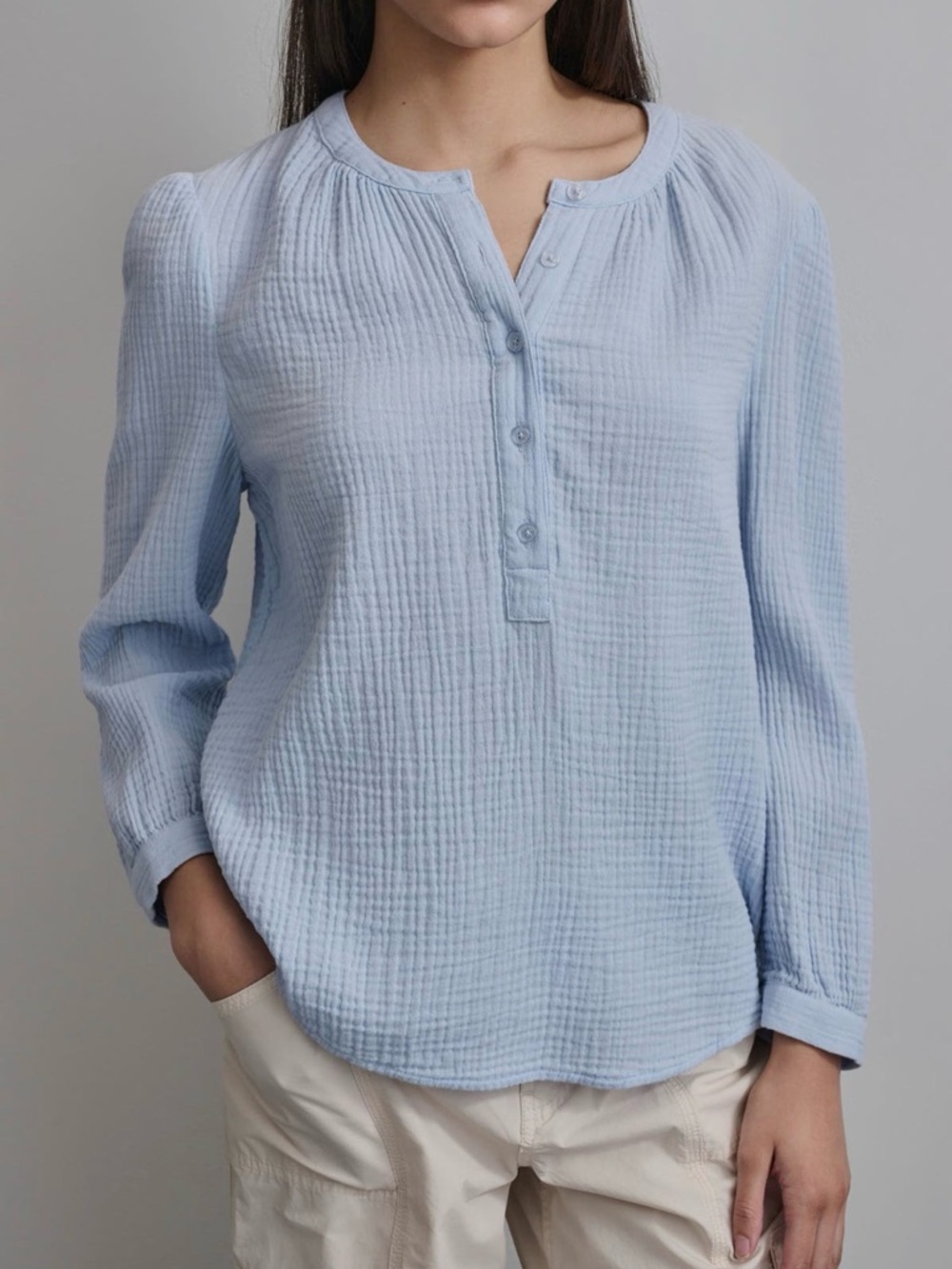 DKNY Light Blue Gauze Henley Women's Top Size L used but still really nice.